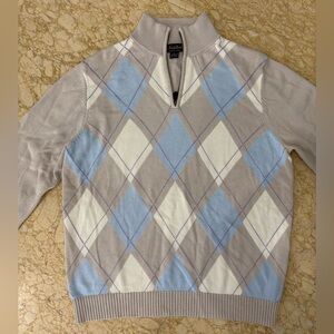 BROOKS BROTHER’S MEN’S BEIGE ARGYLE 1/4 ZIP SWEATER w/ LEATHER PULL
